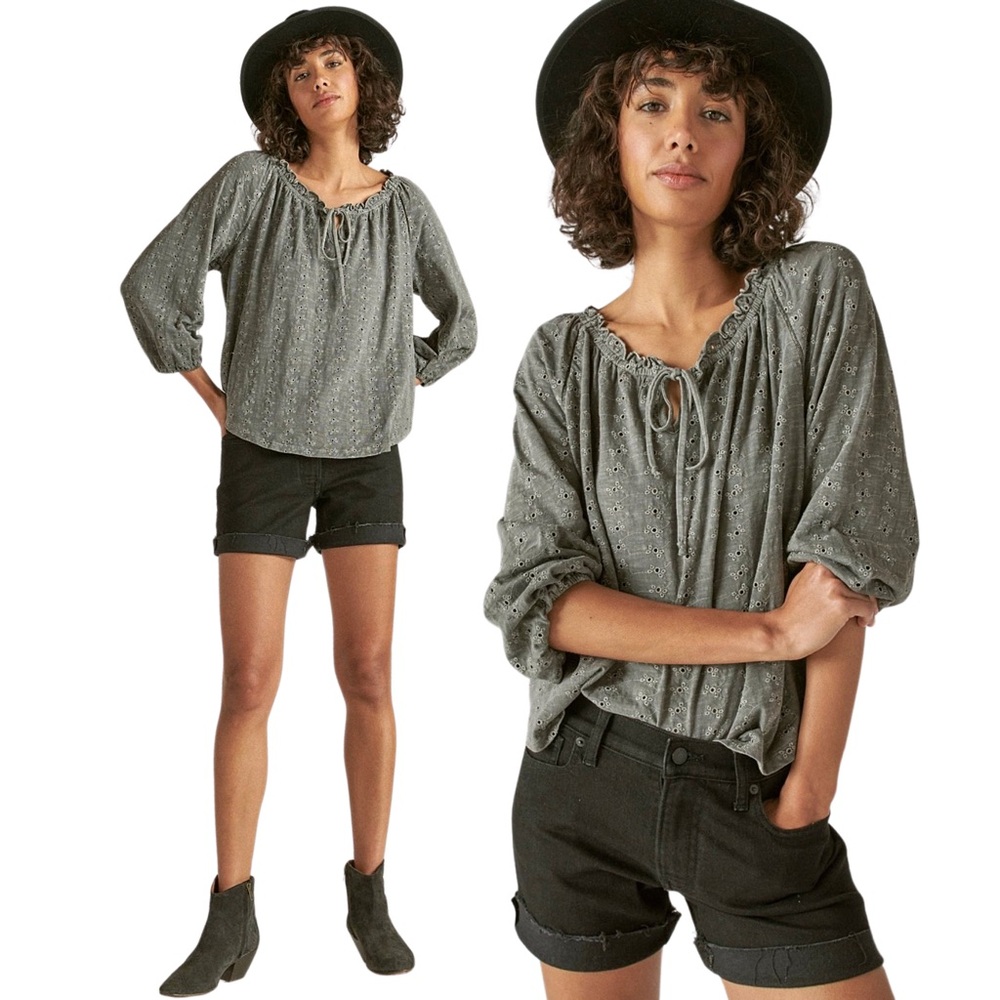 LUCKY BRAND 🍀 Long Sleeve Eyelet‎ Peasant Top in Washed Black